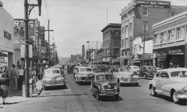 This view of MacDonald Ave on the eve of WWII shows a lively scene of shoppers and businesses at the heart of the Richmond's downtown.  (Photo courtesy of Richmond Public Library and the Online Archive of California)